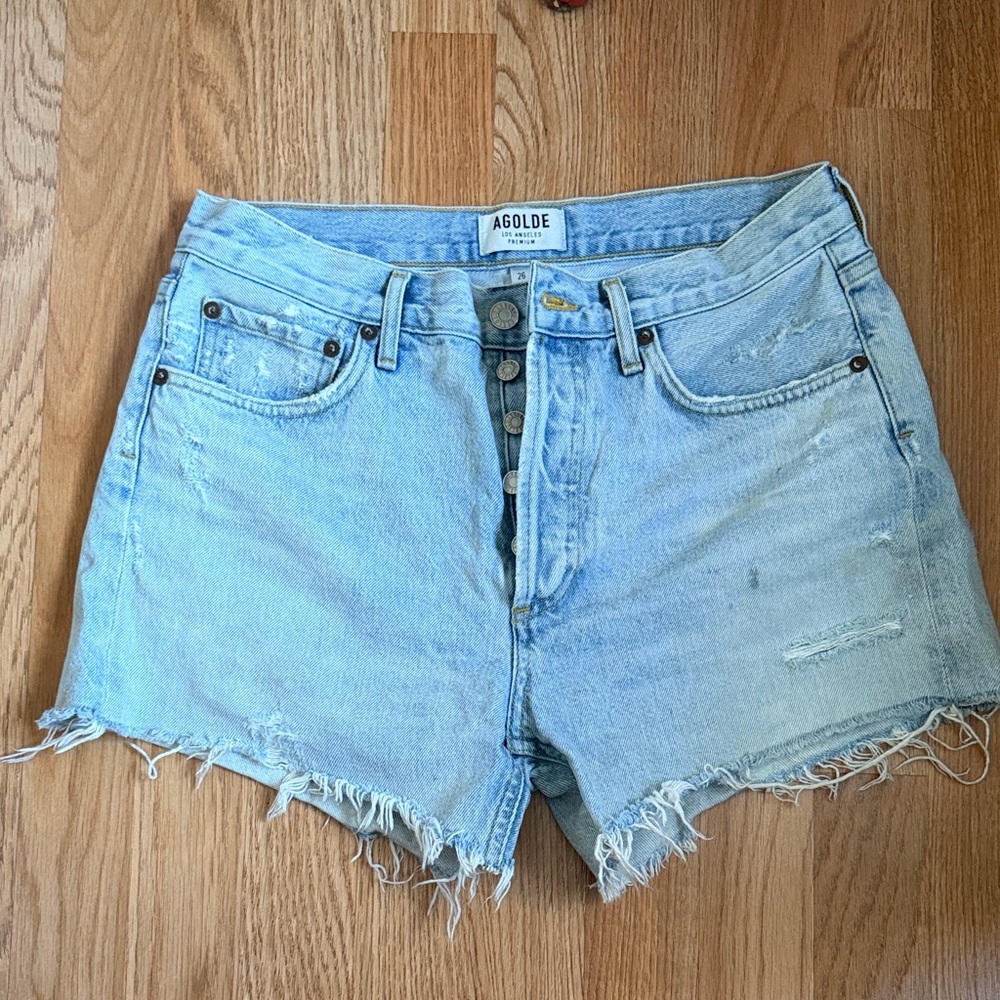 Agolde Light Wash High-Rise Frayed Denim Shorts